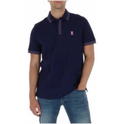 Navy blue psycho bunny men polo short sleeve cotton shirt with pink white striped trim and embroidered bunny logo