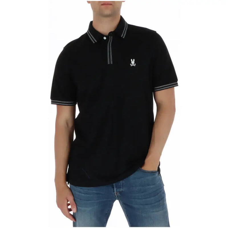 Psycho bunny men polo short sleeve black cotton shirt with white collar trim and embroidered bunny logo on chest