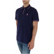 Navy blue cotton Psycho Bunny men polo short sleeve with pink embroidered rabbit logo and white pinstriped trim