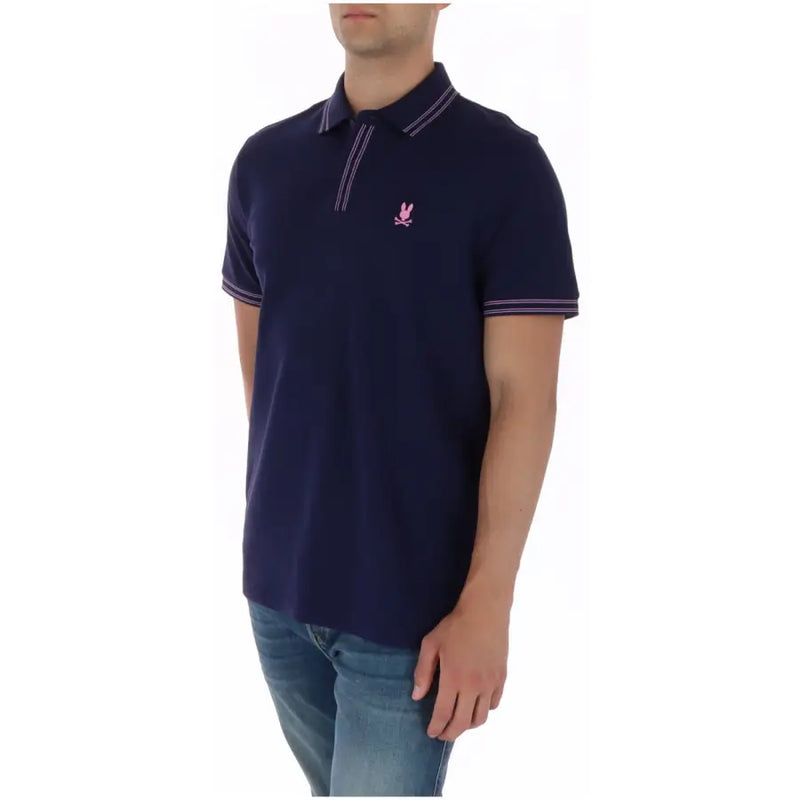 Navy blue cotton Psycho Bunny men polo short sleeve with pink embroidered rabbit logo and white pinstriped trim