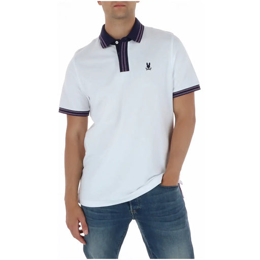 White psycho bunny men polo short sleeve shirt with navy blue collar trim made of cotton featuring embroidered logo