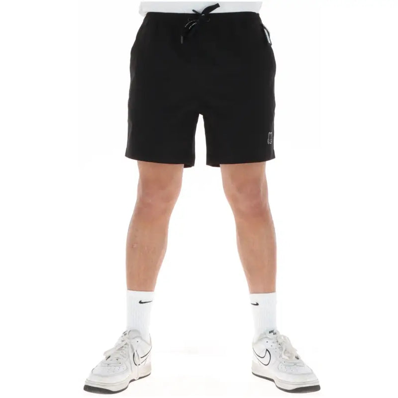 Black psycho bunny men swimwear drawstring shorts with small embroidered logo on lower right leg for swim use
