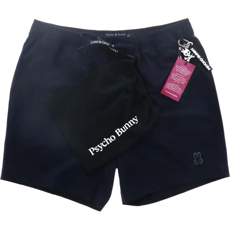 Dark navy blue Psycho Bunny men swim trunks with drawstring waistband and subtle embroidered logo on lower leg