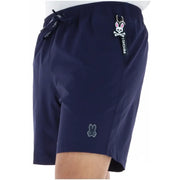 Navy blue psycho bunny men swimwear athletic shorts with drawstring waistband and embroidered bunny logo on leg