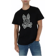 Black short-sleeved Psycho Bunny men t shirt with white embroidered bunny skull and crossbones in cotton round neck