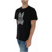 Black cotton psycho bunny men t shirt with white embroidered rabbit skull and crossbones round neck design
