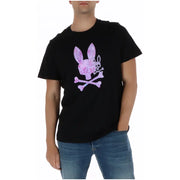 Schwarzes Baumwoll-T-Shirt für Herren mit Psycho-Bunny-Motiv, Rundhalsausschnitt und lila-pinkem Playboy-Bunny-Totenkopf- und Knochenmotiv