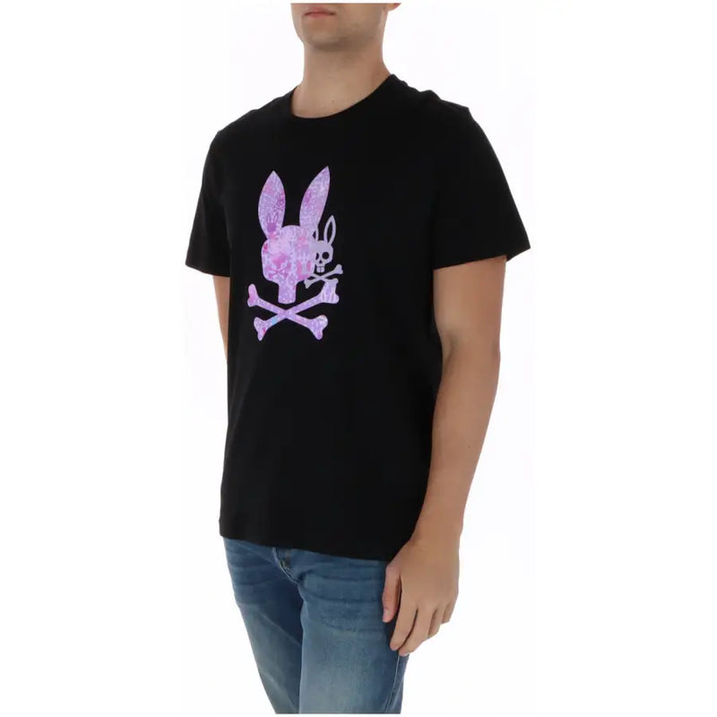 Schwarzes Herren-T-Shirt aus Baumwolle mit Psycho-Bunny-Motiv, Rundhalsausschnitt und pink-lila gemustertem Hasenlogo mit gekreuzten Knochen