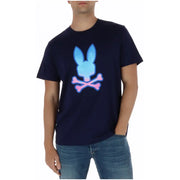 Navy blue Psycho Bunny men t shirt with gradient light blue and pink bunny skull graphic made of cotton