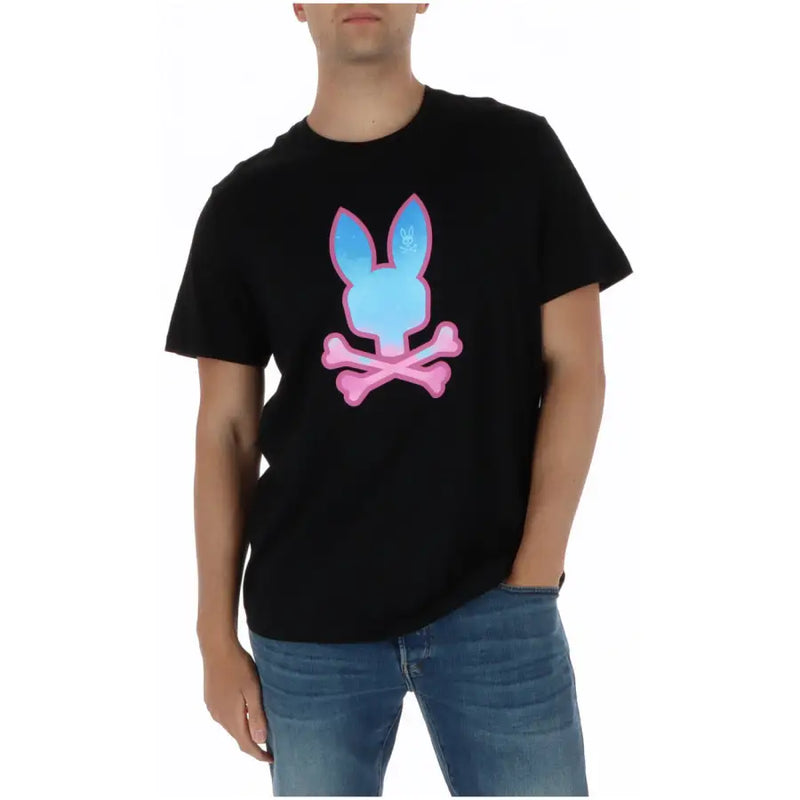Black Psycho Bunny men t shirt with vibrant blue and pink bunny skull graphic round neck cotton MT0200237