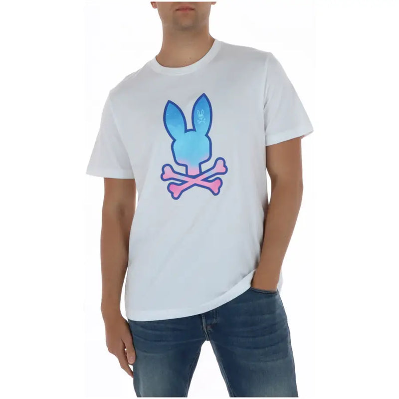 White short-sleeved Psycho Bunny men t shirt with gradient blue bunny head and pink crossbones print in cotton