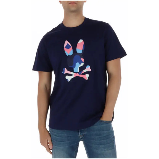 Marineblaues Herren-T-Shirt aus Baumwolle mit Psycho-Bunny-Motiv, bunten Hasenohren und gekreuzten Knochen, Rundhalsausschnitt