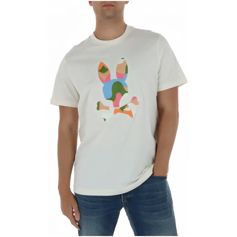 White cotton psycho bunny men t shirt with colorful abstract bunny graphic in pastel and earthy tones
