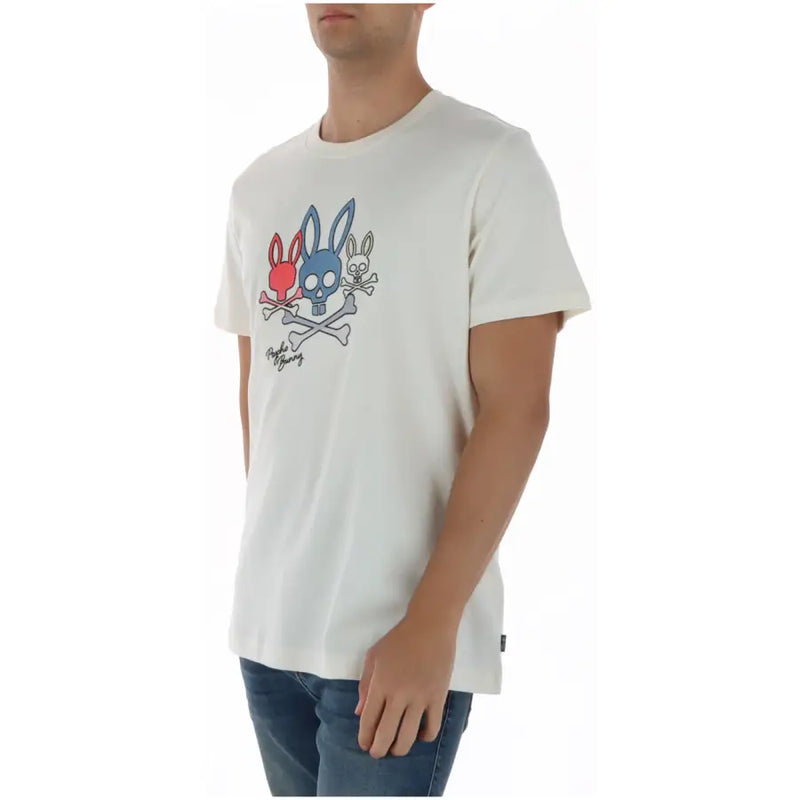 Off-white Baumwoll-T-Shirt für Herren mit Psycho-Bunny-Motiv, kurzen Ärmeln und einem Aufdruck von drei Cartoon-Hasen mit gekreuzten Knochen.