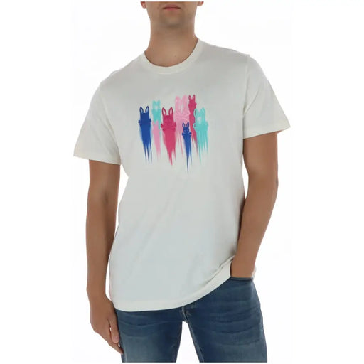 Weißes Baumwoll-T-Shirt für Herren mit Psycho-Bunny-Motiv, Rundhalsausschnitt und farbenfrohem, stilisiertem Hasenmotiv mit Farbtropfeneffekt