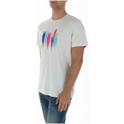 Psycho Bunny men t shirt white round neck cotton featuring a colorful abstract graphic of stylized rabbits