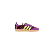 Purple and maroon Adidas Samba sneakers with neon yellow stripes and tan sole