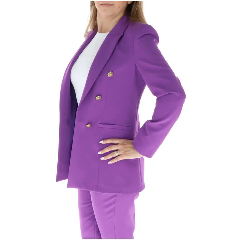 Purple women’s double-breasted blazer with lapel collar and gold-toned buttons in vibrant fabric for formal wear
