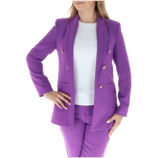Purple women’s double-breasted blazer with lapel collar gold-toned buttons and tailored fit for formal wear