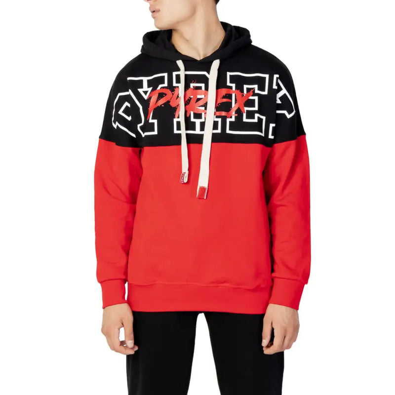 Pyrex men’s red and black color-blocked hoodie with bold white and red pyrex lettering made of 100% cotton