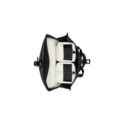 Black leather rains men backpack mini with two white padded compartments and black webbing straps for camera gear