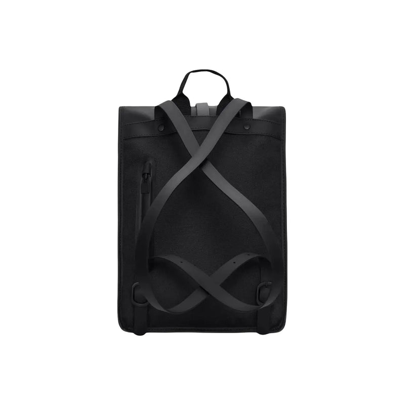 Rains men backpack mini black with sleek cross-strapped design matte finish and zip pockets w10xh40xl10 cm