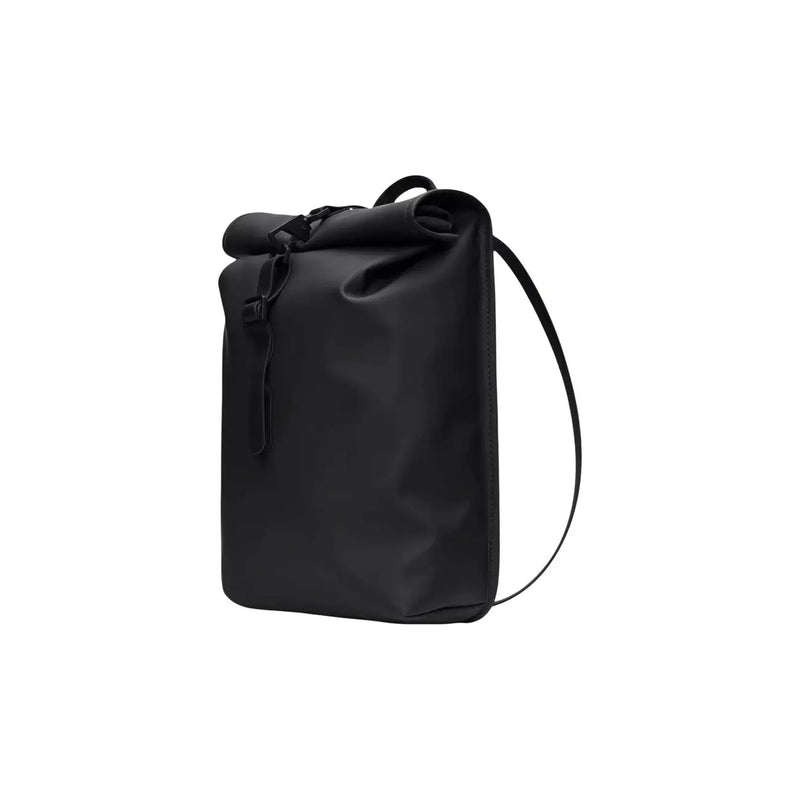 Rains men backpack mini black roll-top with matte fabric, zip pockets, and adjustable shoulder strap, front view