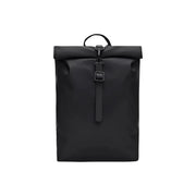 Rains men backpack mini black with roll-top design zip pockets and matte finish W10xH40xL10 visible from front