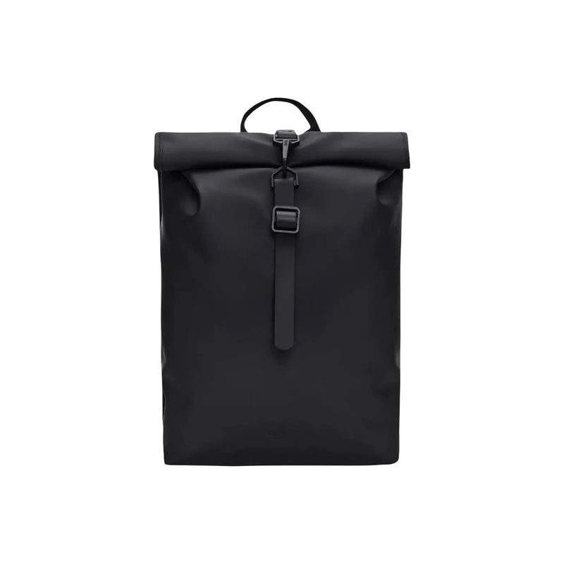 Rains men backpack mini black with roll-top design zip pockets and matte finish W10xH40xL10 visible from front