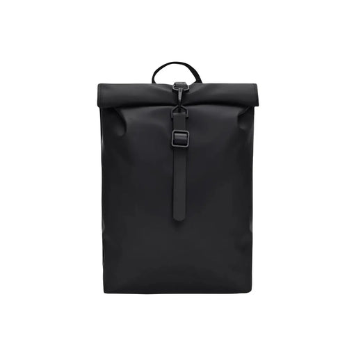 Rains men backpack mini black with roll-top design zip pockets and matte finish W10xH40xL10 visible from front