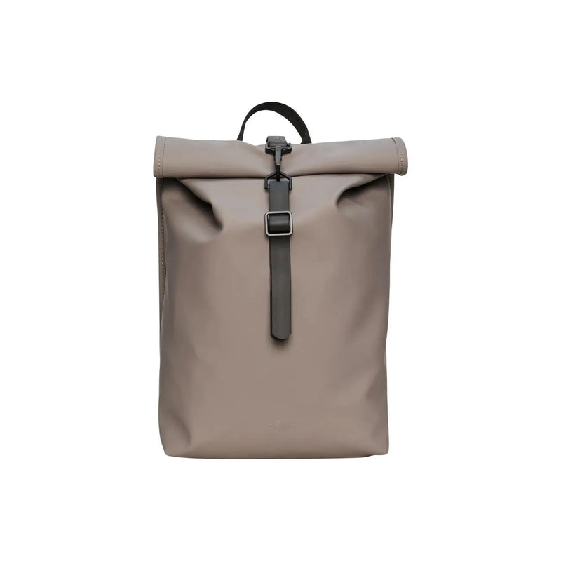 Taupe rains men backpack mini with matte fabric body and dark gray leather straps w10xh40xl10 black zip pockets