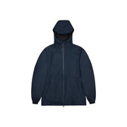 Veste blazer imperméable à capuche bleu marine foncé pour homme, au design minimaliste et élégant, avec doublure en polyester noir.