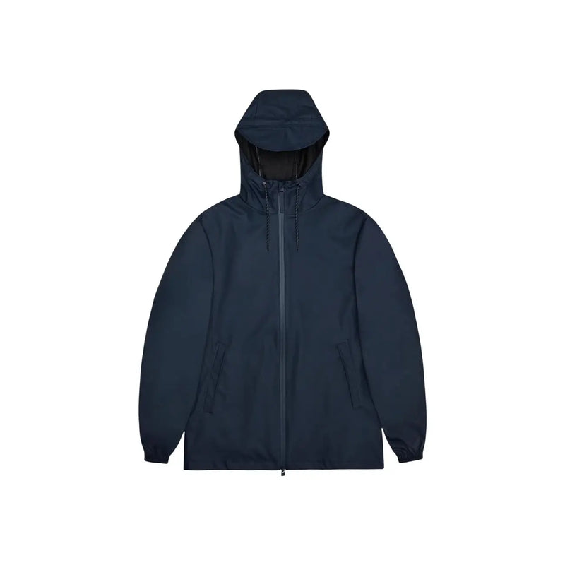 Veste blazer imperméable à capuche bleu marine foncé pour homme, au design minimaliste et élégant, avec doublure en polyester noir.
