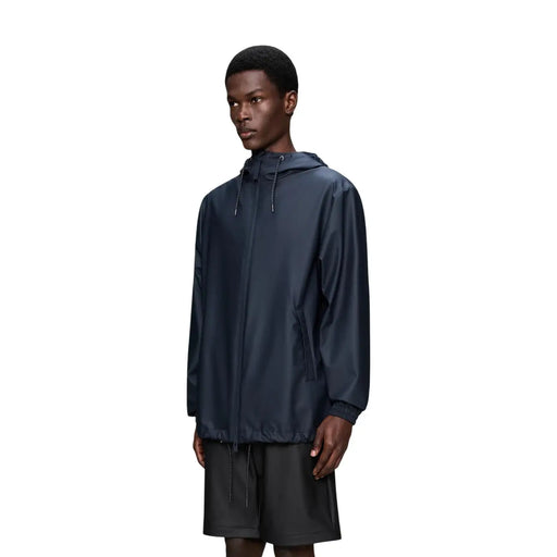 Marineblaue, wasserdichte Herren-Blazerjacke mit Kapuze aus Polyester mit minimalistischem Design und reflektierenden Reißverschlussanhängern