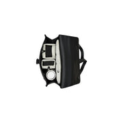 Black leather camera bag with organized compartments, white padded inserts, and circular lens cap in rains unisex backpack mini black waterproof