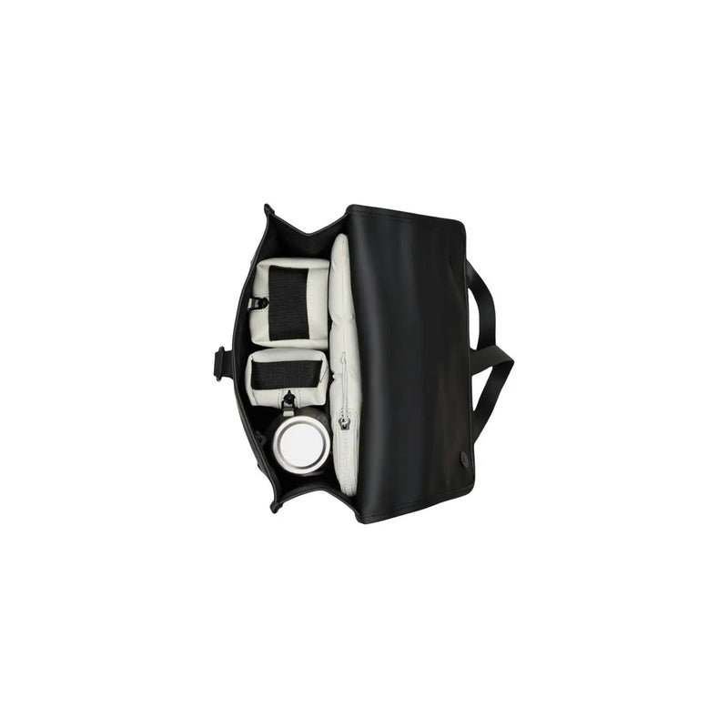 Black leather camera bag with organized compartments, white padded inserts, and circular lens cap in rains unisex backpack mini black waterproof