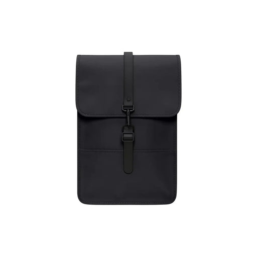 Rains unisex mini backpack in black waterproof material with sleek matte finish and simple flap closure