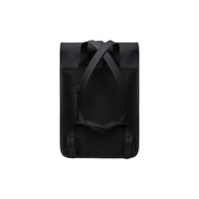 Rains unisex backpack mini black waterproof with sleek matte fabric and adjustable shoulder straps shown from the back side