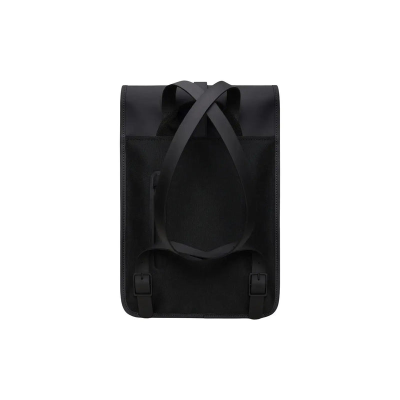 Rains unisex backpack mini black waterproof with sleek matte fabric and adjustable shoulder straps shown from the back side