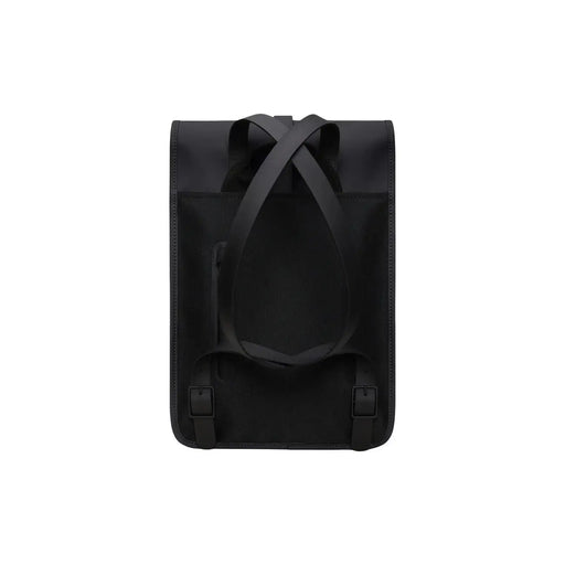 Rains unisex backpack mini black waterproof with sleek matte fabric and adjustable shoulder straps shown from the back side