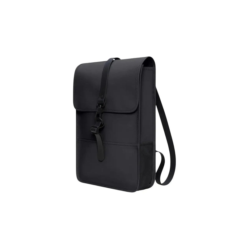 Rains unisex backpack mini in black with a sleek matte finish and adjustable shoulder strap shown from the back side