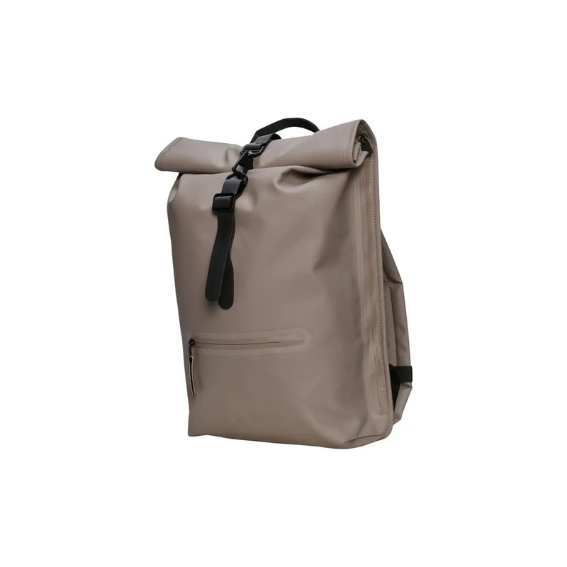 Beige roll-top rucksack with black straps and zippers in grey polyester by Rains unisex w12 x h48 x l12 cm