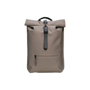 Beige Rains unisex rolltop rucksack with black hardware and front zippered pocket made of grey polyester