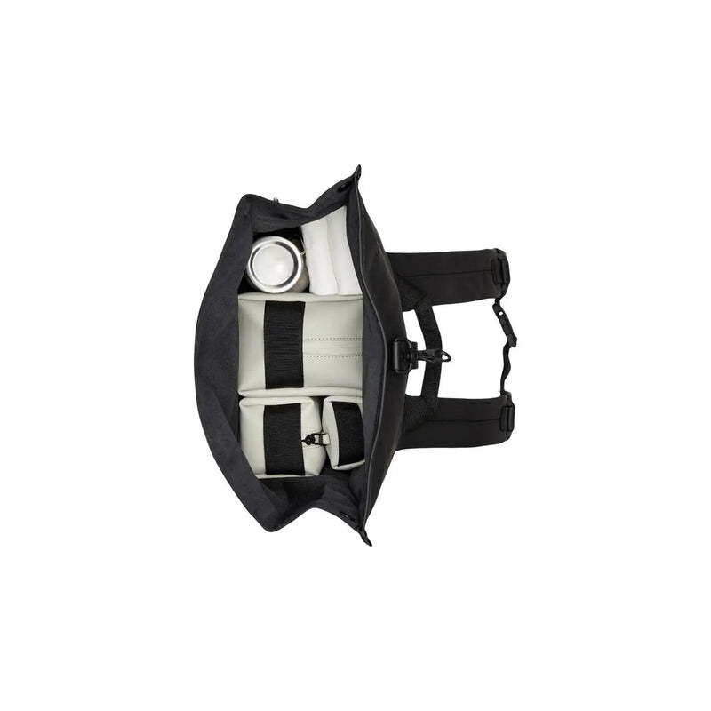 Black rains unisex roltop rucksack with adjustable straps grey polyester interior holds thermos and padded inserts