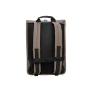 Tan minimalist rucksack with black mesh back panel and adjustable straps from Rains unisex grey polyester collection