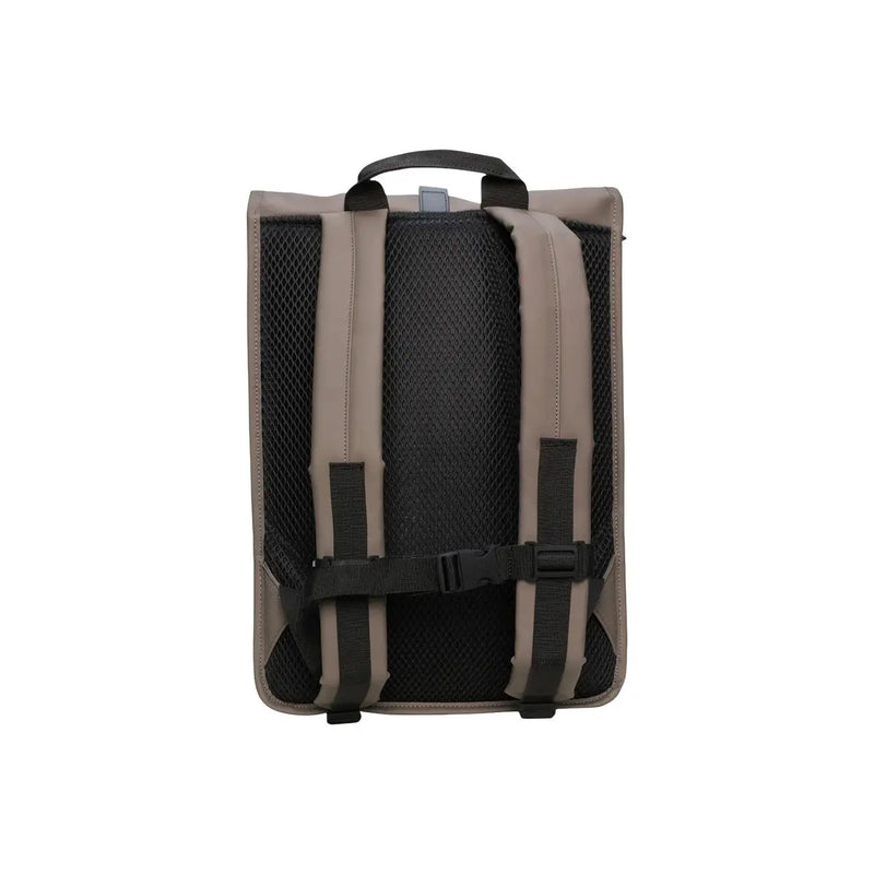 Tan minimalist rucksack with black mesh back panel and adjustable straps from Rains unisex grey polyester collection
