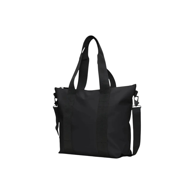 Black canvas tote bag with dual top handles and detachable shoulder strap by rains women in glossy polyester