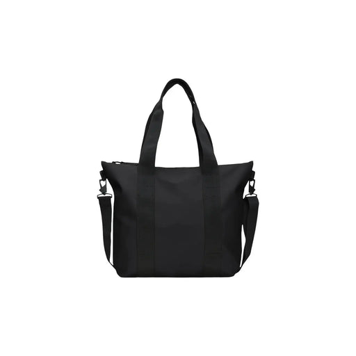 Black nylon Rains women tote bag mini with adjustable shoulder strap and top handles in glossy polyester finish