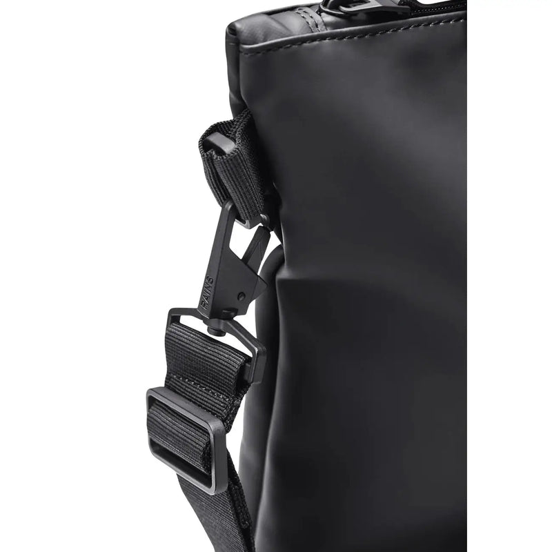 Black nylon shoulder strap with matte black plastic buckle and adjustable length for rains women black tote bag mini polyester