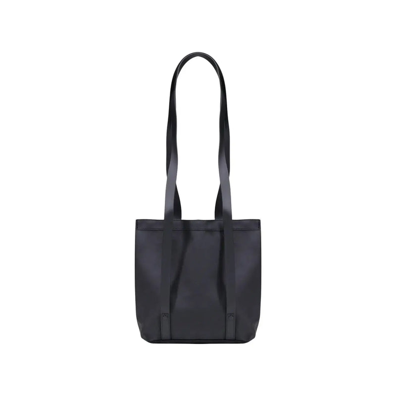 Rains women crossbody bag in black polyester with sleek, glossy minimalist tote design, 8x15x8 cm dimensions